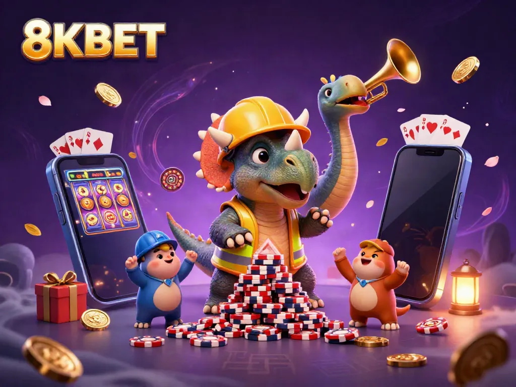 Join the excitement at 8KBET with a cartoon dinosaur scene celebrating casino gaming and vibrant action!