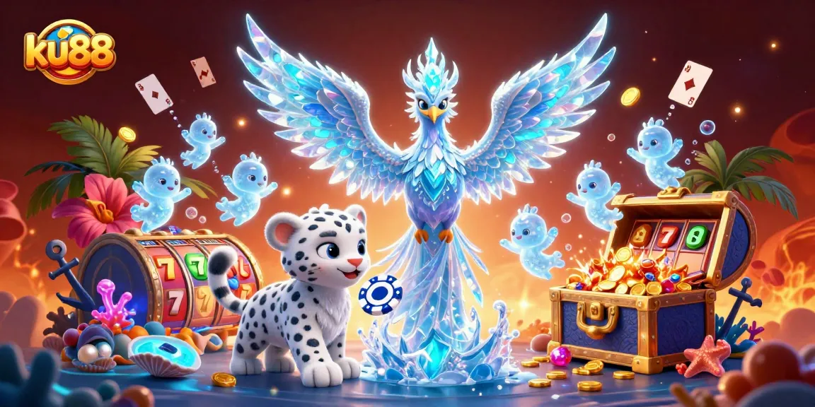 Play exciting casino games with ku88 in a vibrant, dynamic 3D fantasy scene filled with gambling elements.