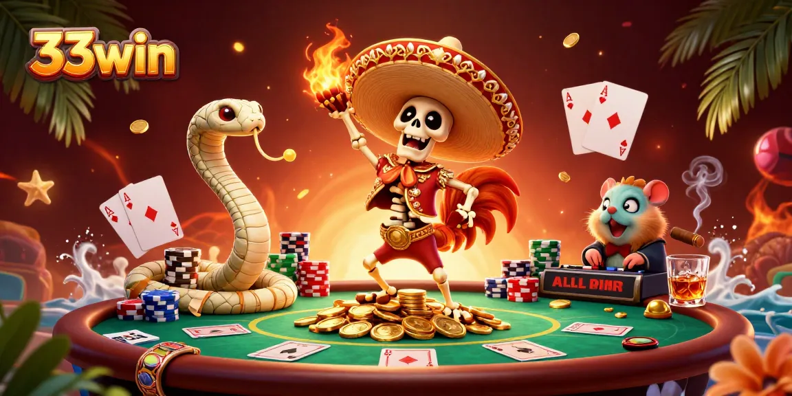 33win brings excitement as a skeleton mariachi rooster dances on gold coins amidst poker elements.