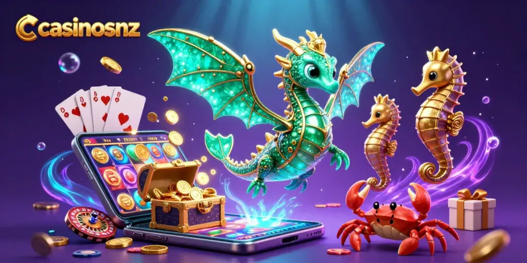 Experience casinosnz with an emerald sea dragon and high-stakes gaming elements in a vibrant underwater scene.