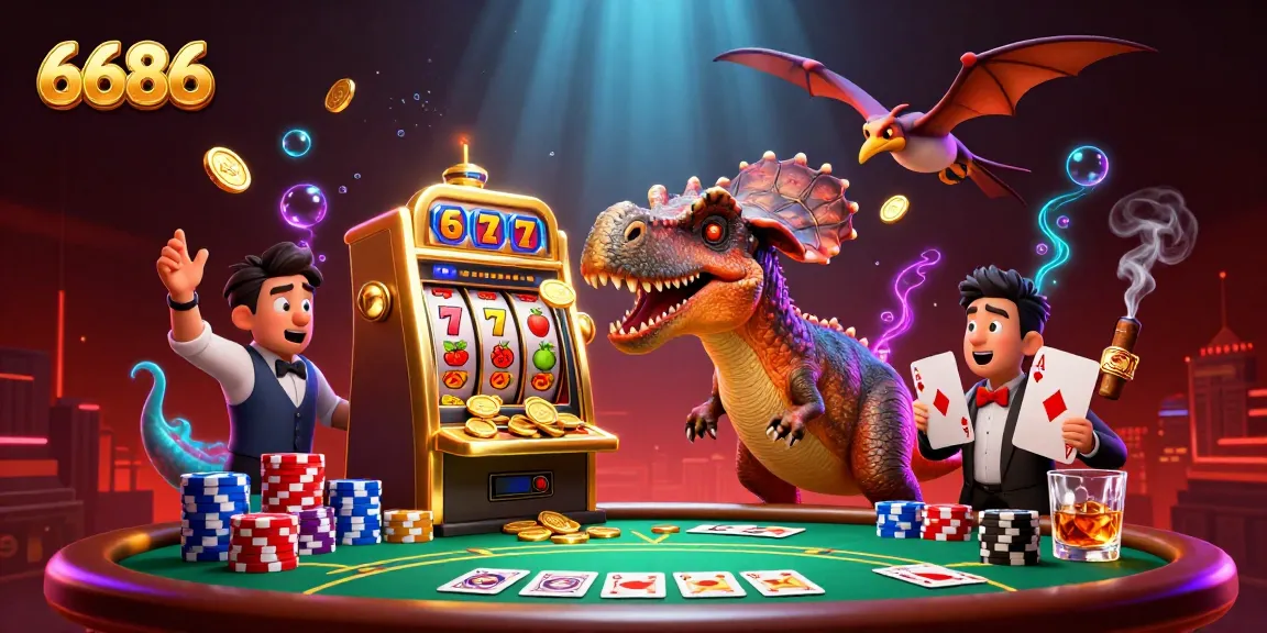 Engage with 6686 as a pachycephalosaurus wins coins from a golden slot machine in a vibrant casino scene.