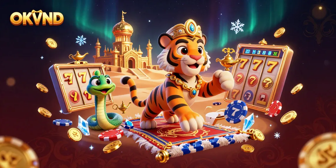 Engage with OKVND's vibrant casino adventure featuring an Arabian sultan and lavish slot themes.