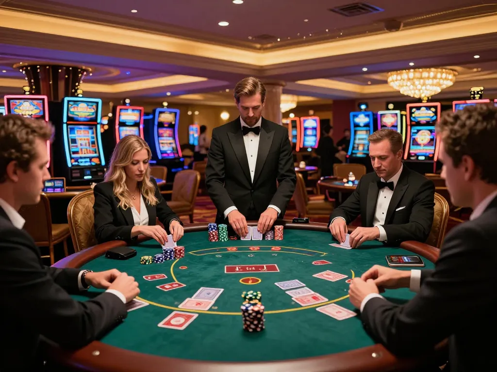 Players strategizing at a blackjack table in a luxurious casino, showcasing sc88seo in action.
