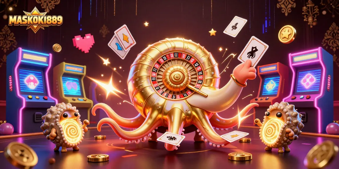 Spin to win with MASKOKI889 in a vibrant 3D casino scene featuring a giant nautilus and glowing games.