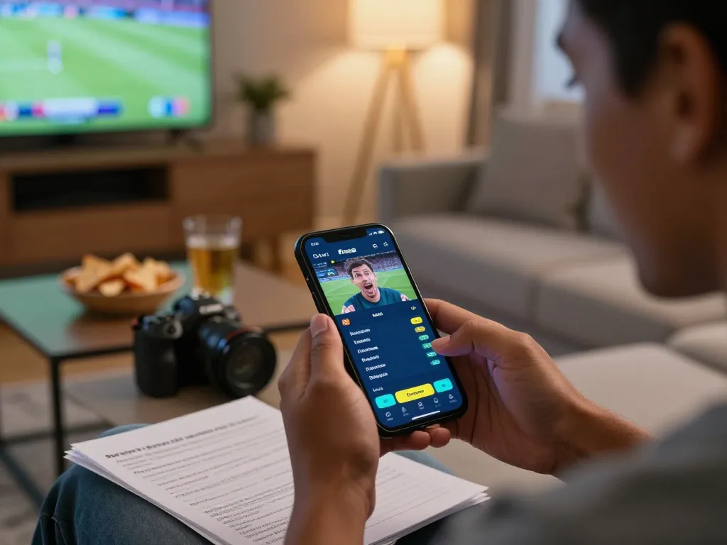 Engaging in Pragmati Play sports betting app, person tracking live odds on smartphone in cozy living room