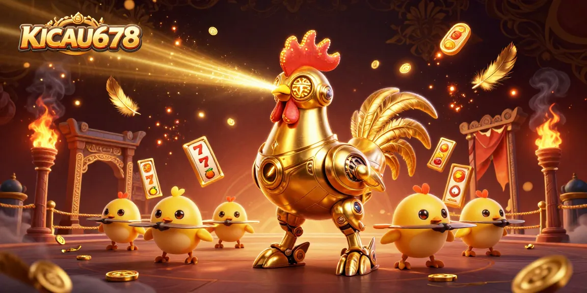 KICAU678 features a golden rooster robot and baby chick drones amidst vibrant gambling elements.