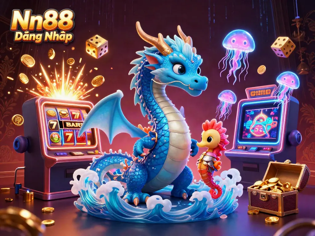 Experience the thrill with Nn88 Đăng Nhập, featuring vibrant characters and dynamic casino elements.