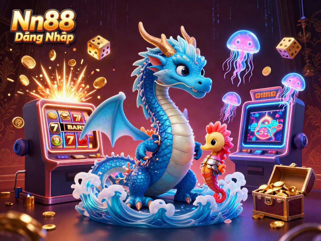 Experience the thrill with Nn88 Đăng Nhập, featuring vibrant characters and dynamic casino elements.