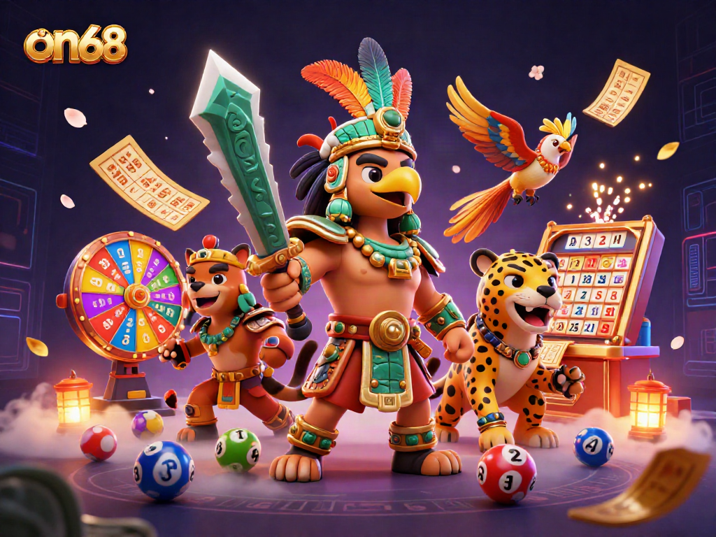 Enjoy an exciting on68 lottery scene with warriors, colorful balls, and vibrant casino elements.
