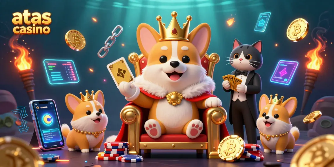 Experience the excitement of atas casino with a royal corgi atop poker chips amidst vibrant gaming elements.