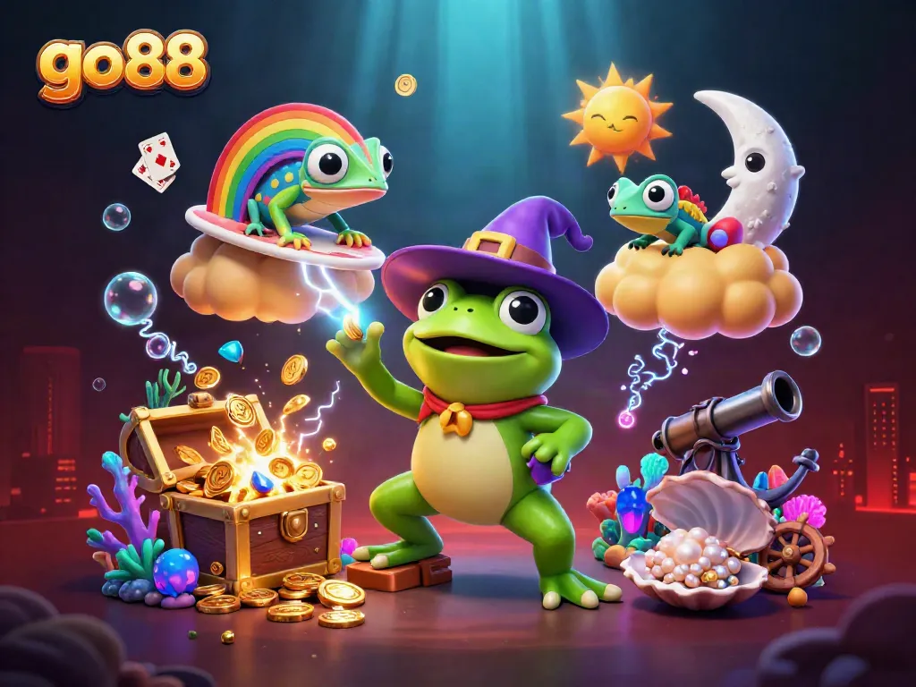 Experience vibrant gaming at go88 with a whimsical 3D scene featuring mystical characters and treasures.