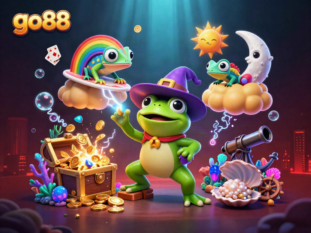 Experience vibrant gaming at go88 with a whimsical 3D scene featuring mystical characters and treasures.