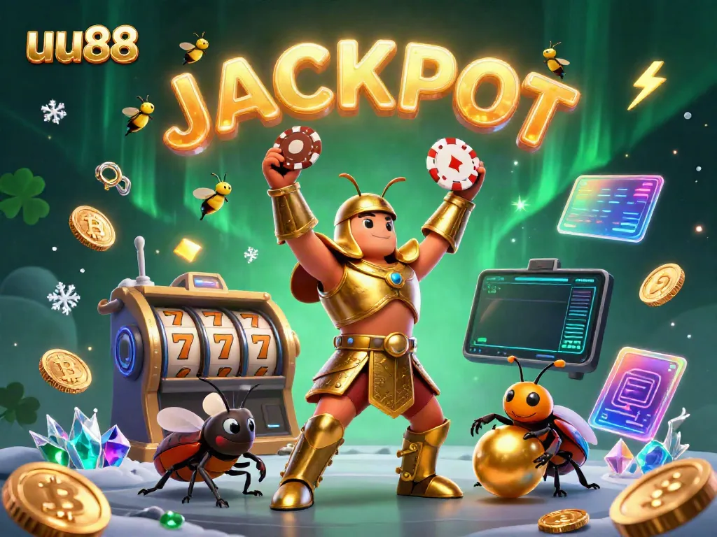 Experience the thrill of uu88 as a heroic beetle lifts a poker chip, representing online gaming victories.