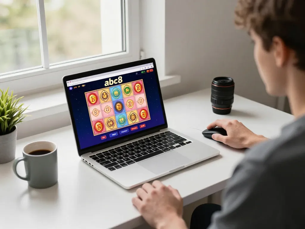Player engaging in online gaming at abc8, focused on casino interface on laptop in a cozy workspace.