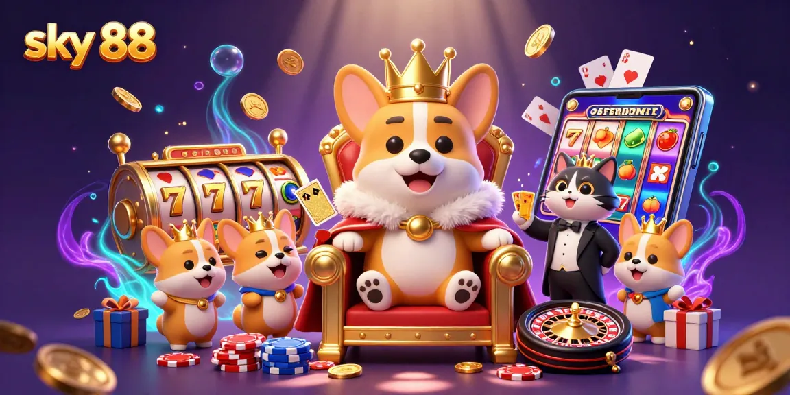 Play engaging games at sky 88 with vibrant slot reels and a royal corgi theme.