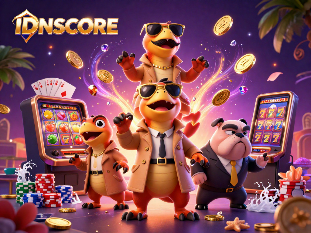 Engaging scene featuring IDNSCORE's raptor characters amidst dynamic slot machine gameplay and vibrant casino elements.