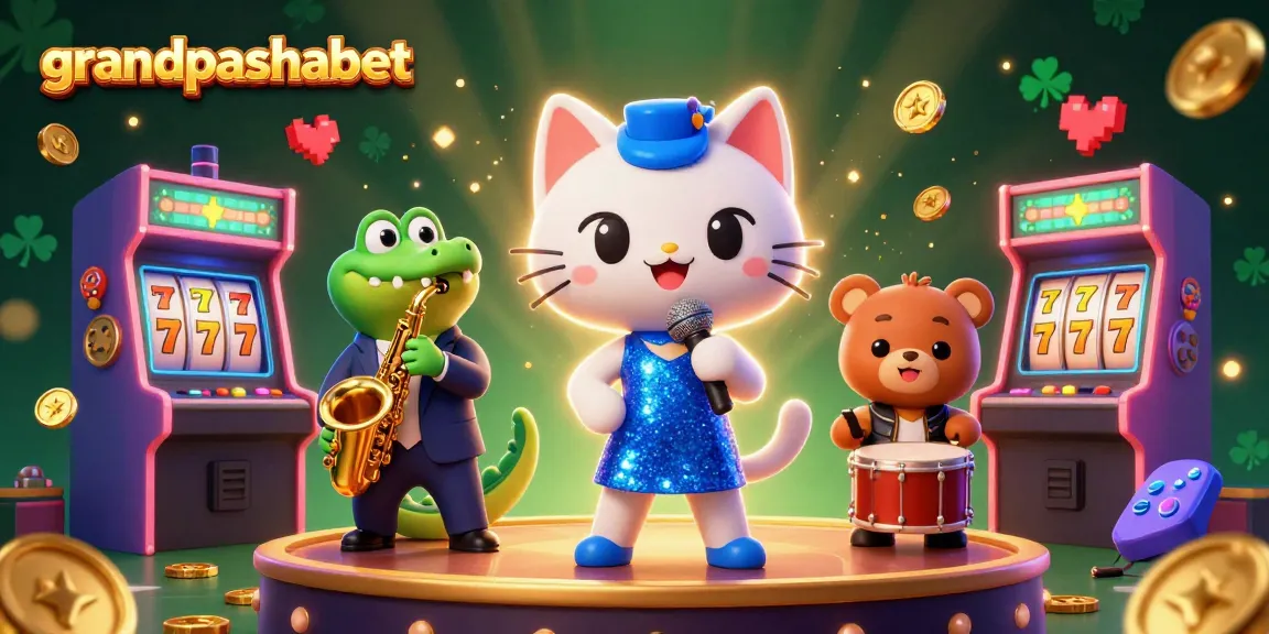 Join the fun at Grandpashabet with a vibrant scene featuring a singing cat, saxophone crocodile, and drum-playing bear in a lively casino illustration.