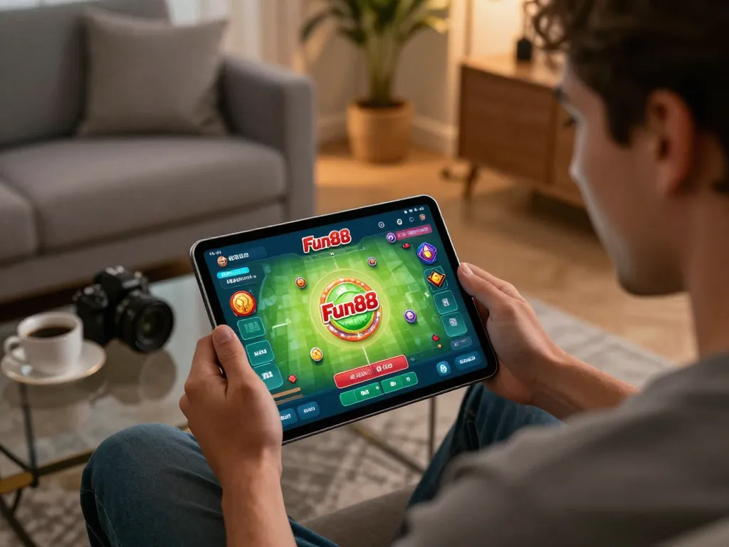 Engaging with the Fun88 mobile app while enjoying gaming in a cozy home setting.