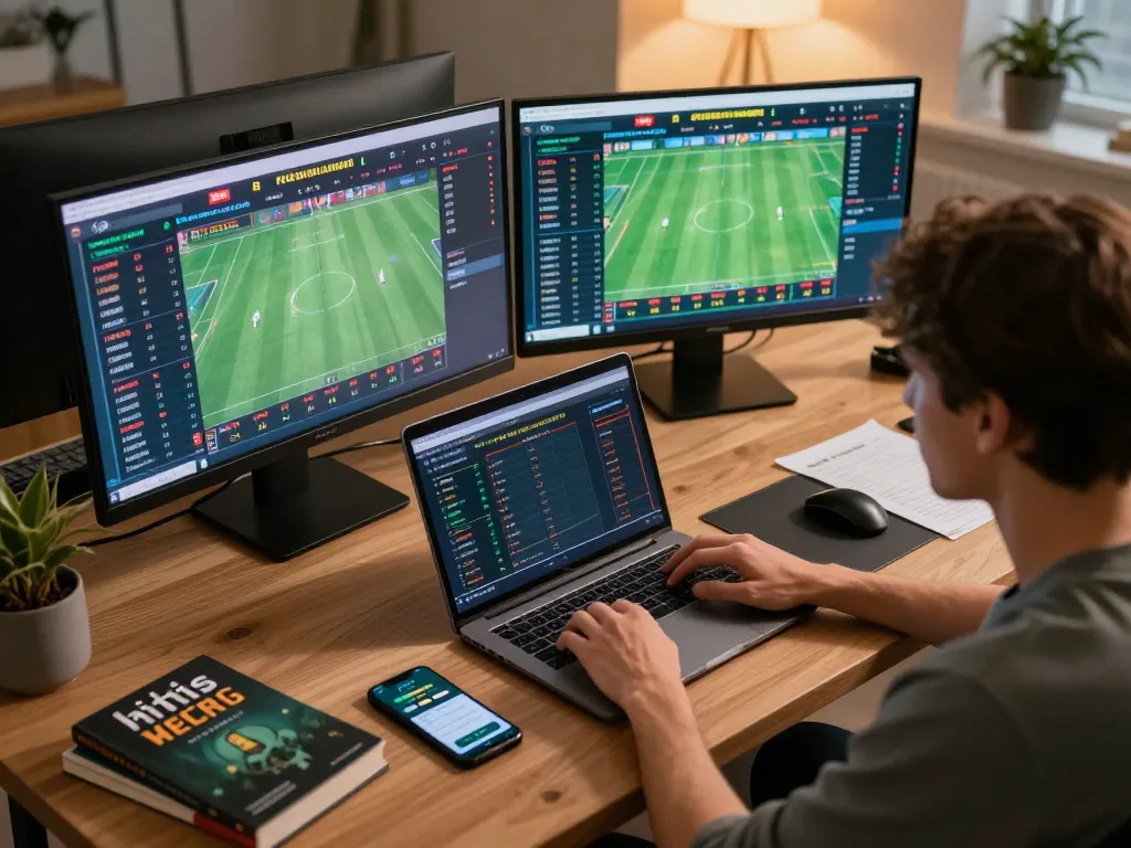 Player analyzing Keo nha cai 5 betting odds while using a laptop and smartphone in a cozy home office.