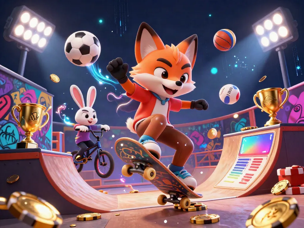 MPO08 offers a vibrant 3D illustration of a skateboarder fox and BMX rabbit amidst dynamic sports elements and casino symbols.