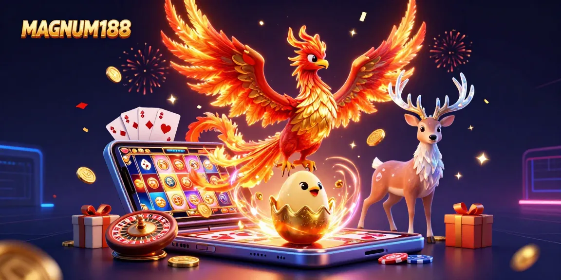 Experience MAGNUM188's thrilling gaming adventures with a vibrant phoenix and totemic creatures.