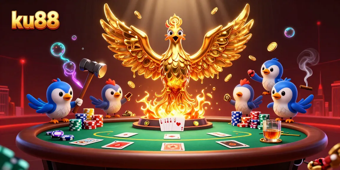 Experience thrilling poker action with ku88 in this vibrant 3D casino scene.