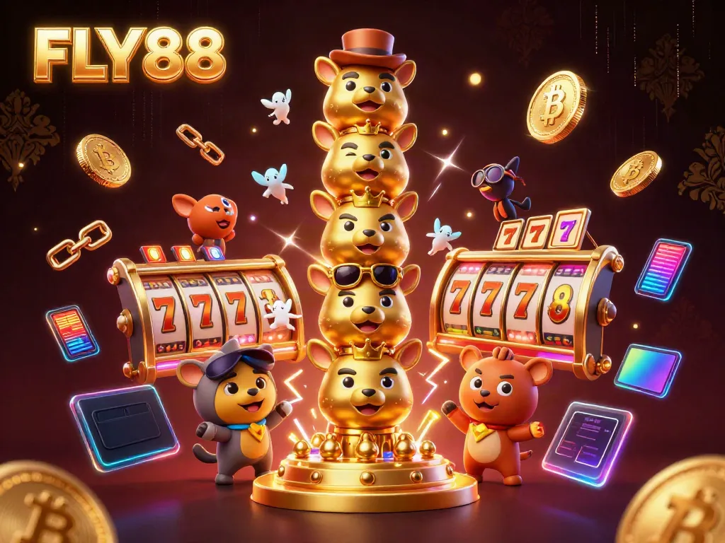 Spin the reels in an exciting FLY88 casino setting with vibrant 3D characters and crypto elements.