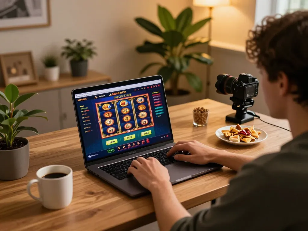 Player enjoying online slots at XX88 casino from a cozy gaming setup, with snacks and drinks nearby.