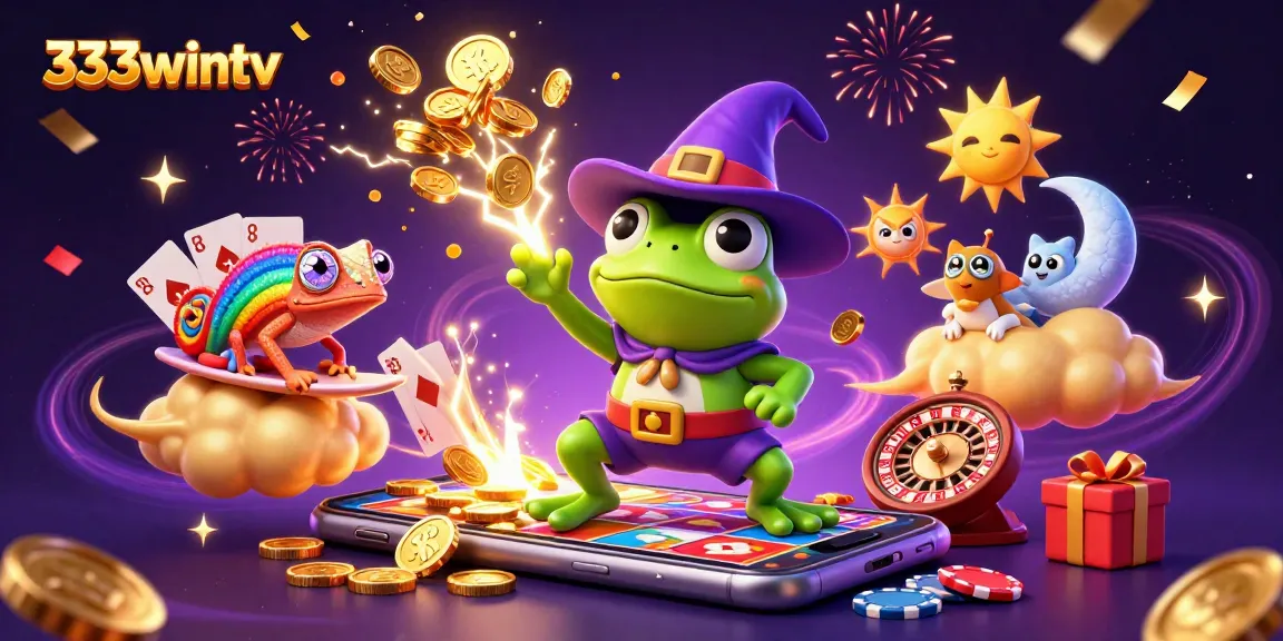 Engage with 333wintv's vibrant illustration of a wizard frog, chameleon, and casino elements in an exciting online gaming scene.