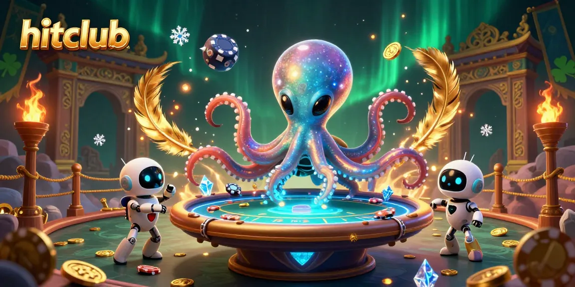 Engage with hitclub's vibrant gaming atmosphere featuring a lively 3D cartoon scene of an alien octopus and robot at a poker table.