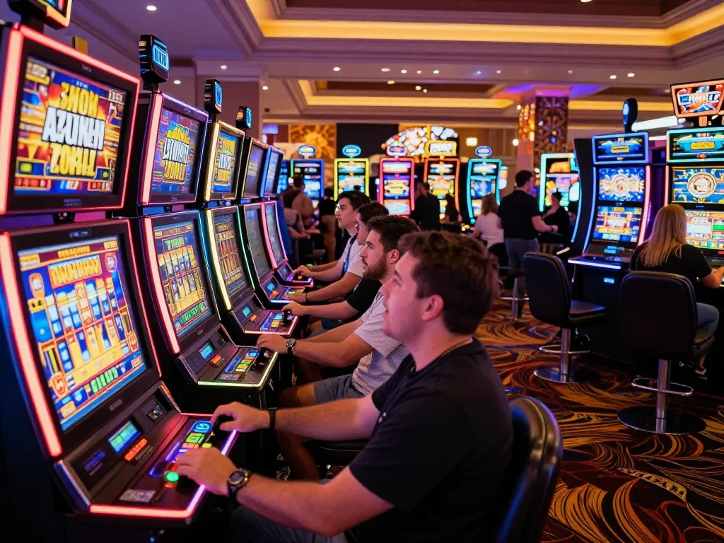 Players enjoying slot machines with thrilling excitement over a slot bet 400 on the colorful casino floor.