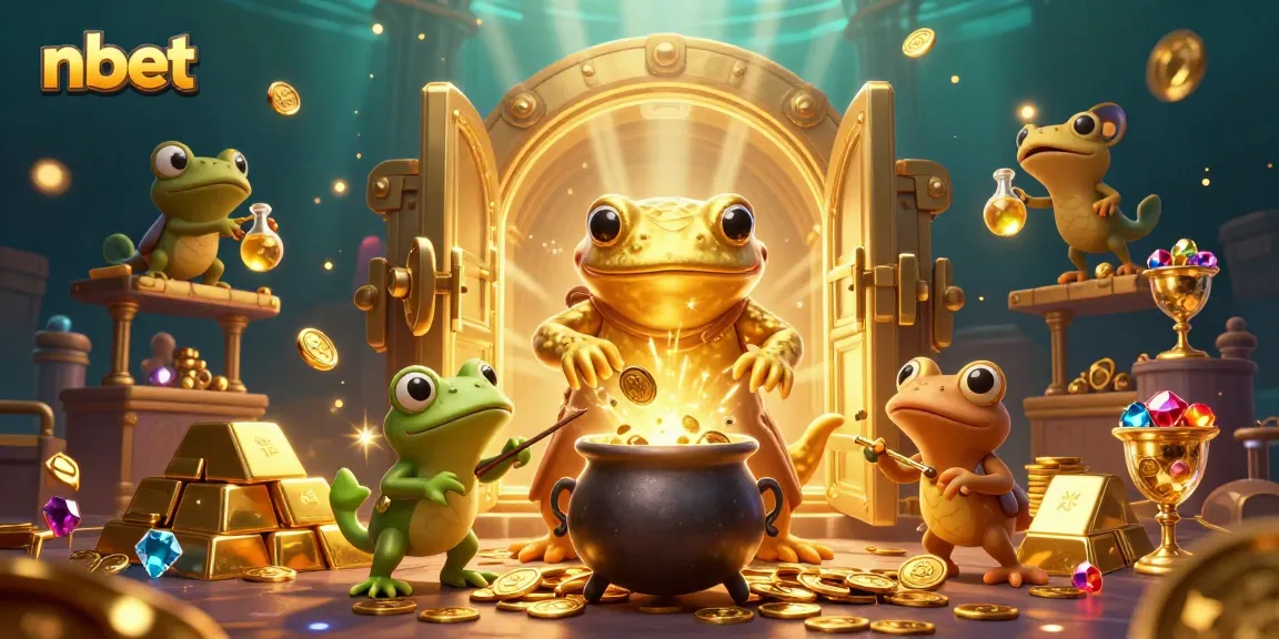 Experience nbet's enchanting gold-filled casino realm with cartoon characters and rich treasures.