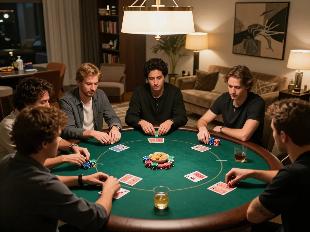 Mantra88 players engaging in a strategic home poker game with visible hands, drinks, and decor.