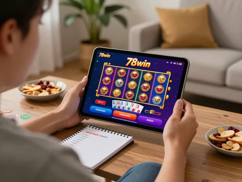Person enjoying casino games on a tablet with the 78win interface in a cozy home setting.