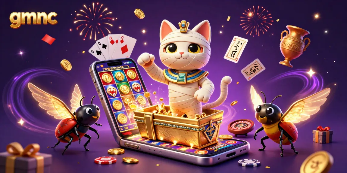 Engage with gmnc as the Egyptian mummy cat bursts from a sarcophagus, surrounded by casino elements.