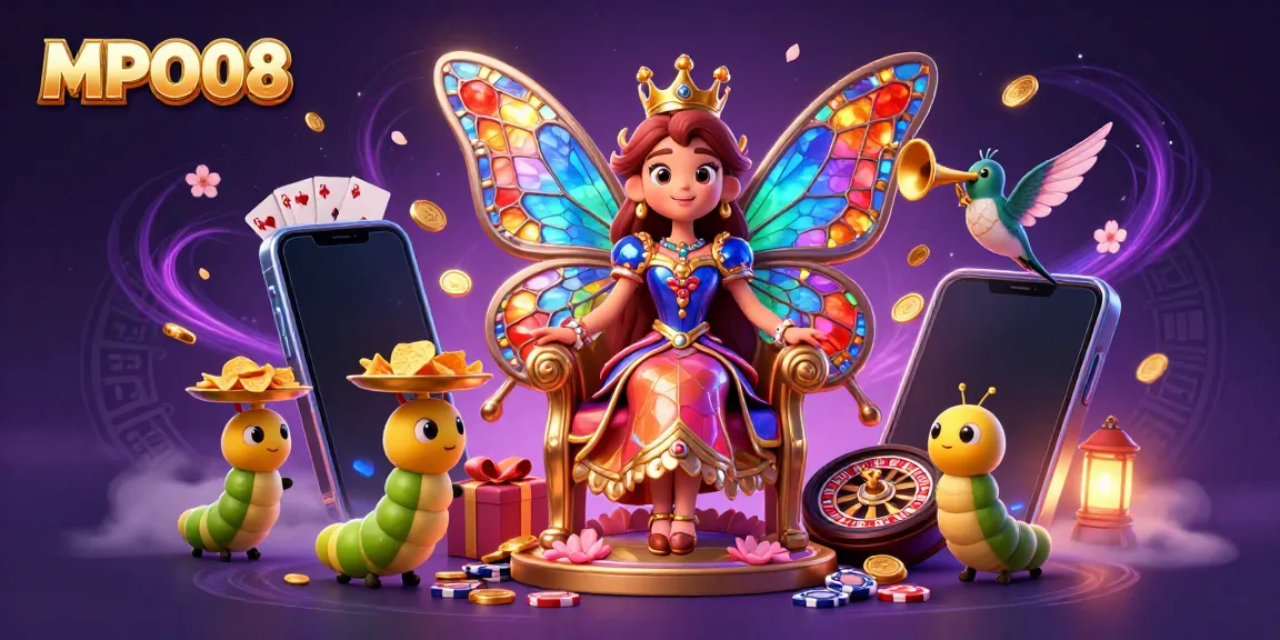 Engage in exhilarating games with MPO08 featuring a vibrant butterfly queen surrounded by thrilling gaming elements.