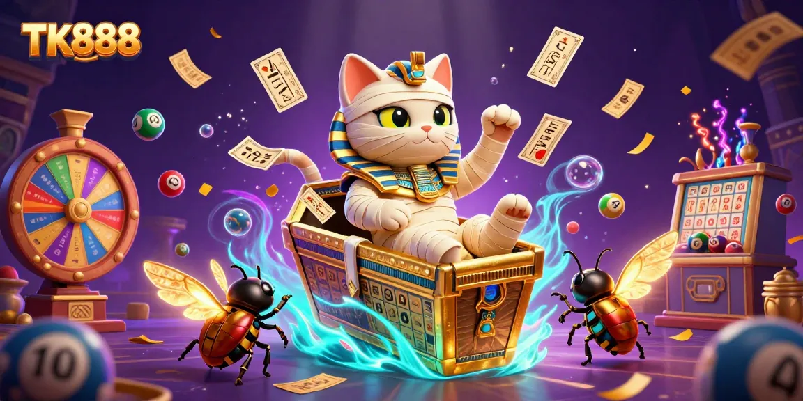 Bet on excitement with TK888; colorful lottery balls and a golden sarcophagus come to life in a vibrant casino.