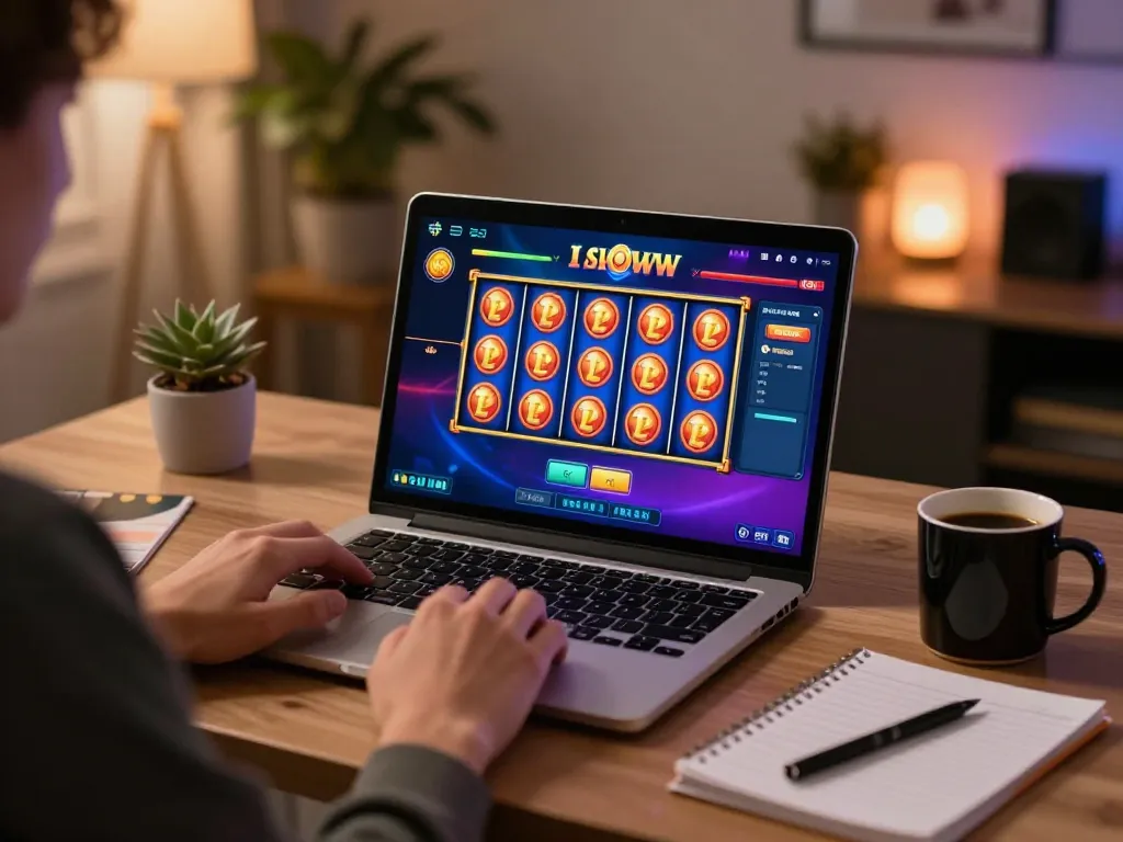 Engaging in a Slot Demo on a laptop with vibrant reels spinning in a cozy gaming setup.