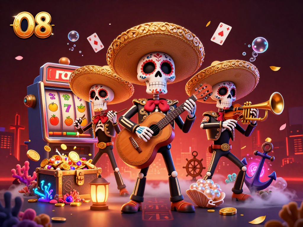 O8 slot machines surrounded by a vibrant mariachi band celebrating wins with gold coins flying