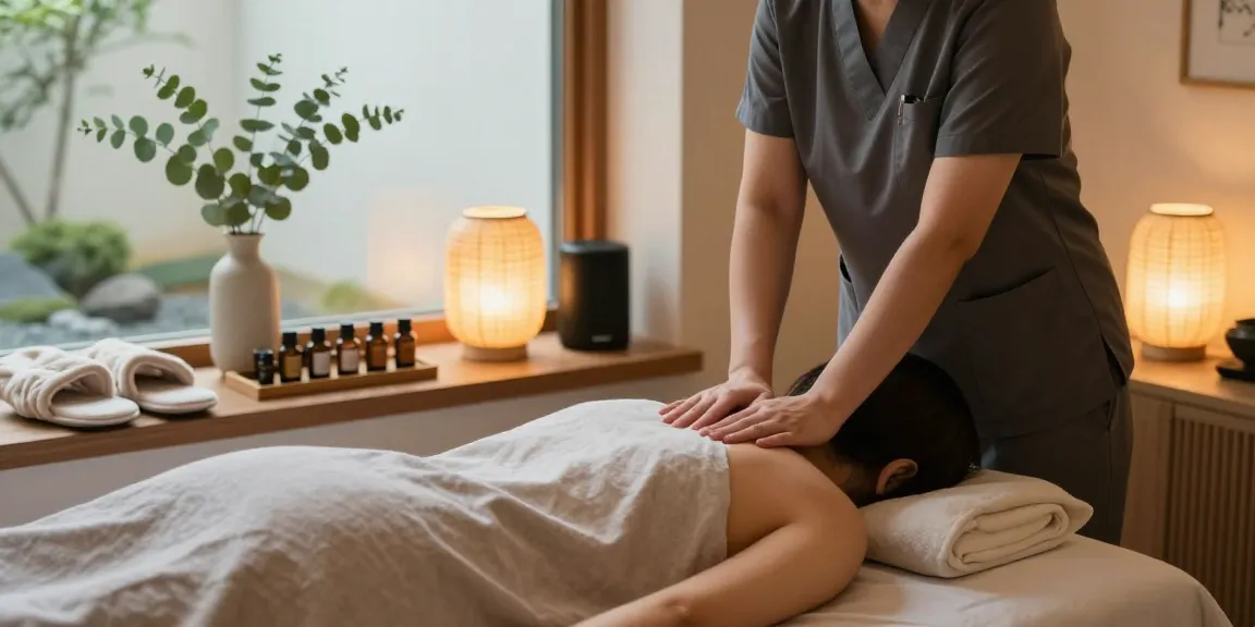 Professional therapist performing 강남출장마사지 in a serene spa setting with calming elements.