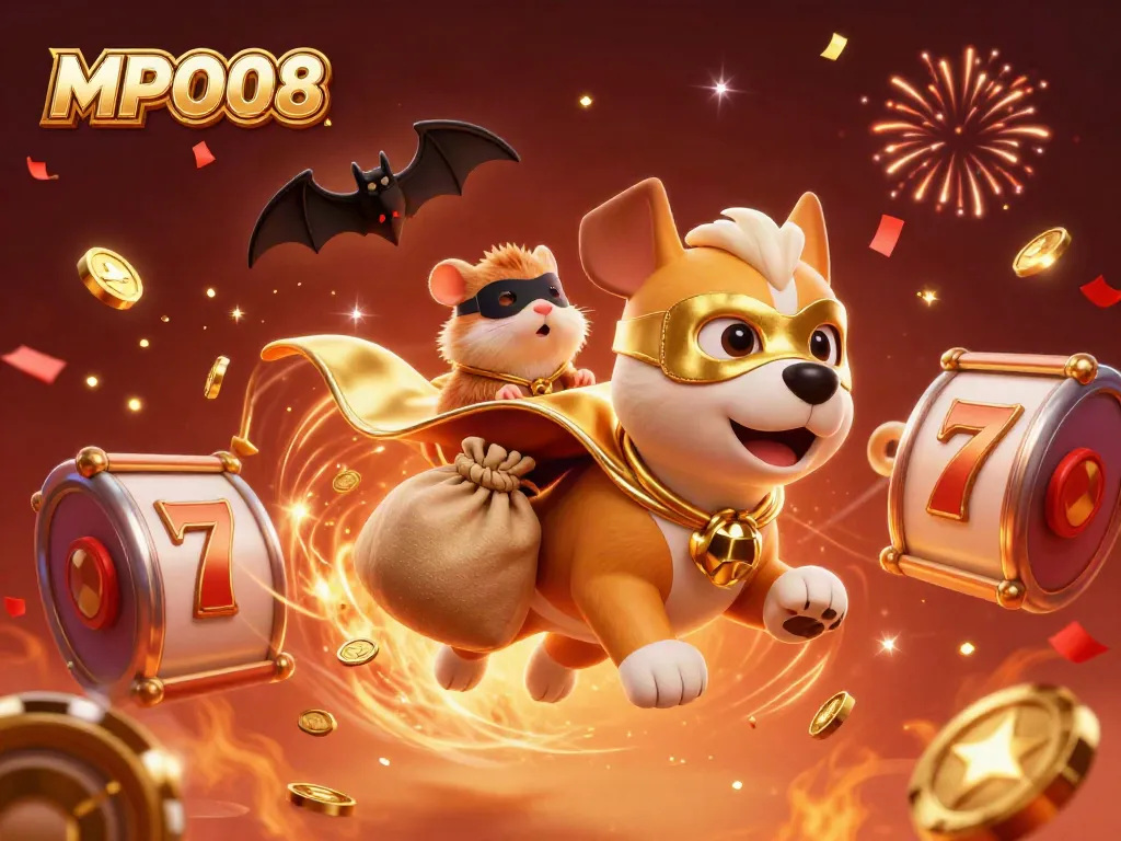 MPO08 sparks excitement with a superhero dog and hamster amidst vibrant casino elements.