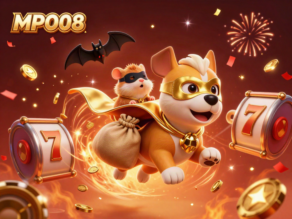 MPO08 sparks excitement with a superhero dog and hamster amidst vibrant casino elements.