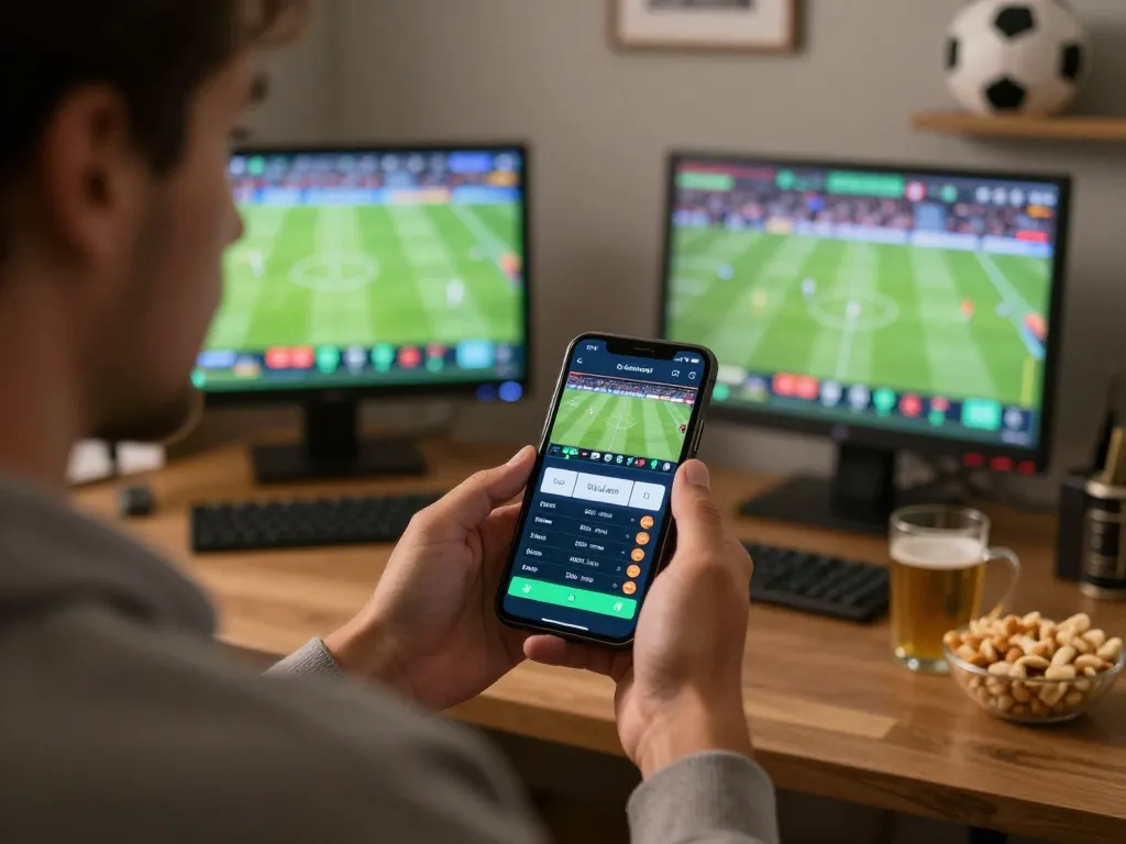 Sports betting on 789bet app while watching live football, capturing excitement and engagement.