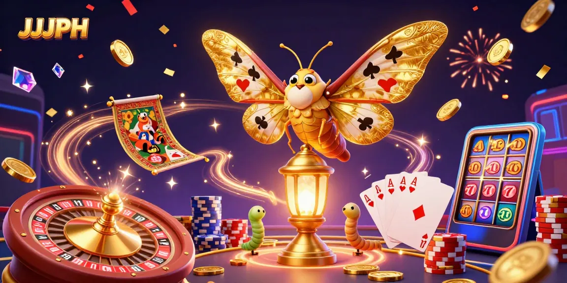 Experience the thrilling atmosphere of JJJPH casino with vibrant golden elements and captivating characters.