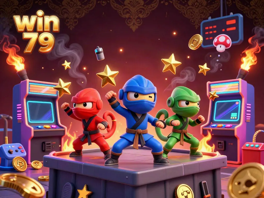 Engage with win 79's vibrant gaming scene featuring chameleons and arcade machines.
