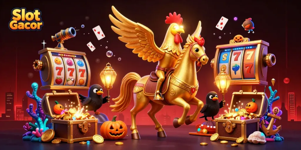 Spin the Slot Gacor with thrilling visuals of golden rooster and vibrant casino elements for engaging gameplay.