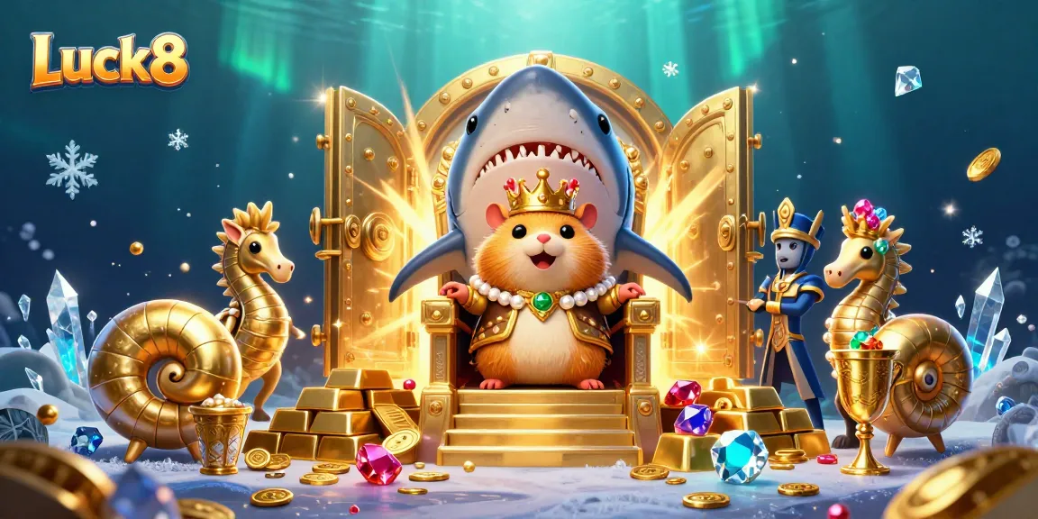 Win big with Luck8 at a vibrant 3D casino scene featuring a golden hamster king.