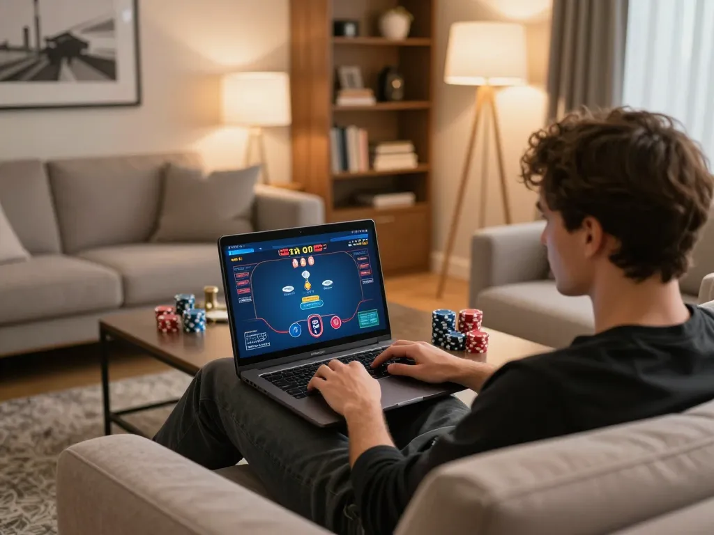 Engaging online poker session featuring LGO GOAL on a laptop, creating a strategic home gambling atmosphere.