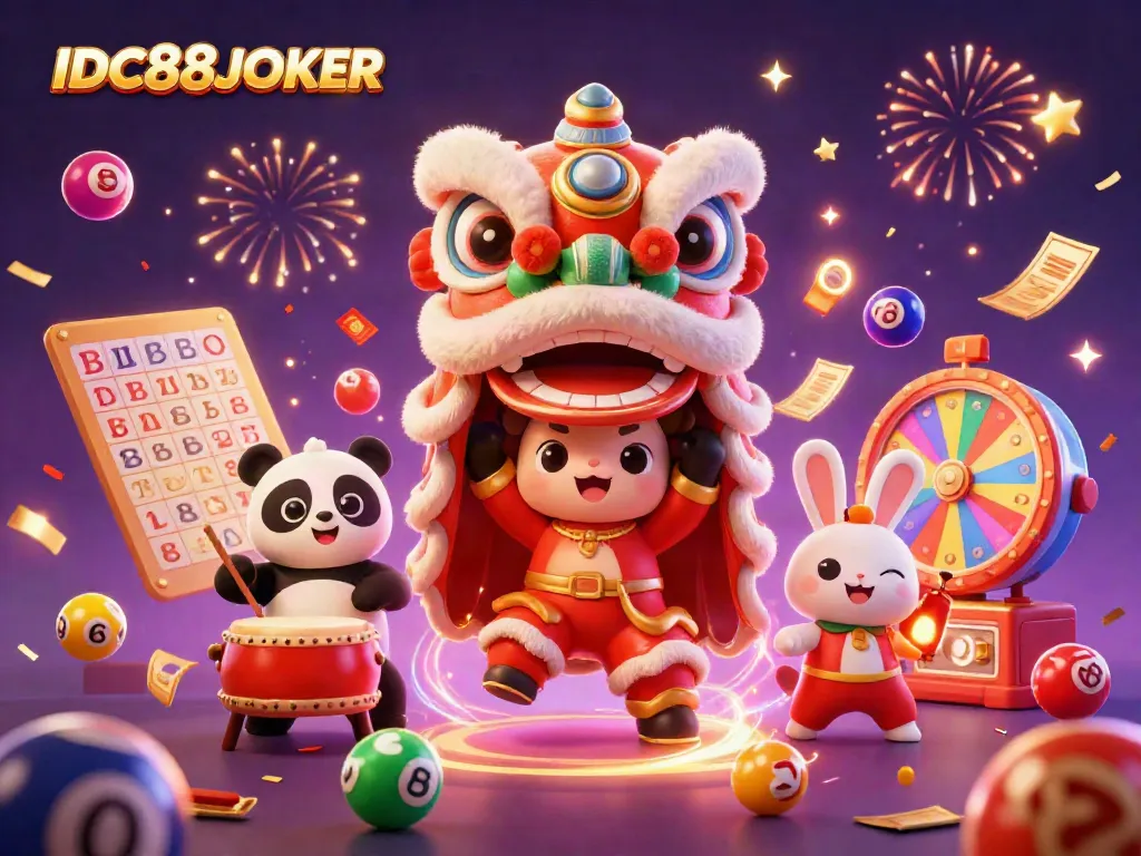 Engage with IDC88JOKER's captivating 3D illustration featuring a lion dance, vibrant games, and festive characters.