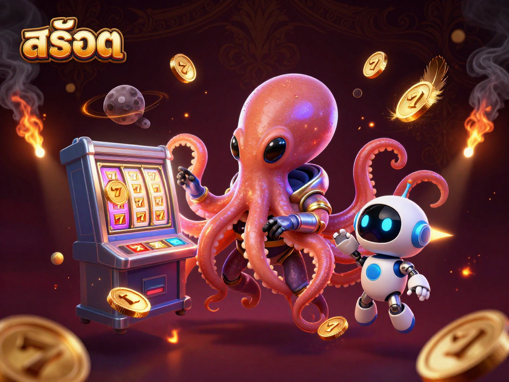Experience thrilling สล็อต gameplay with an alien octopus operating holographic slot machines in this vibrant 3D scene.